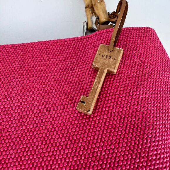 Fossil Bamboo Wooden Handle Woven Satchel Coral Salmon Pink Purse Hand Bag - Picture 3 of 11